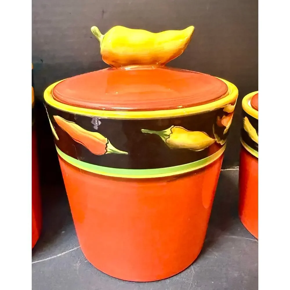 Ceramic Chili Pepper Kitchen Canister Set, 3-Piece Red Southwestern Style